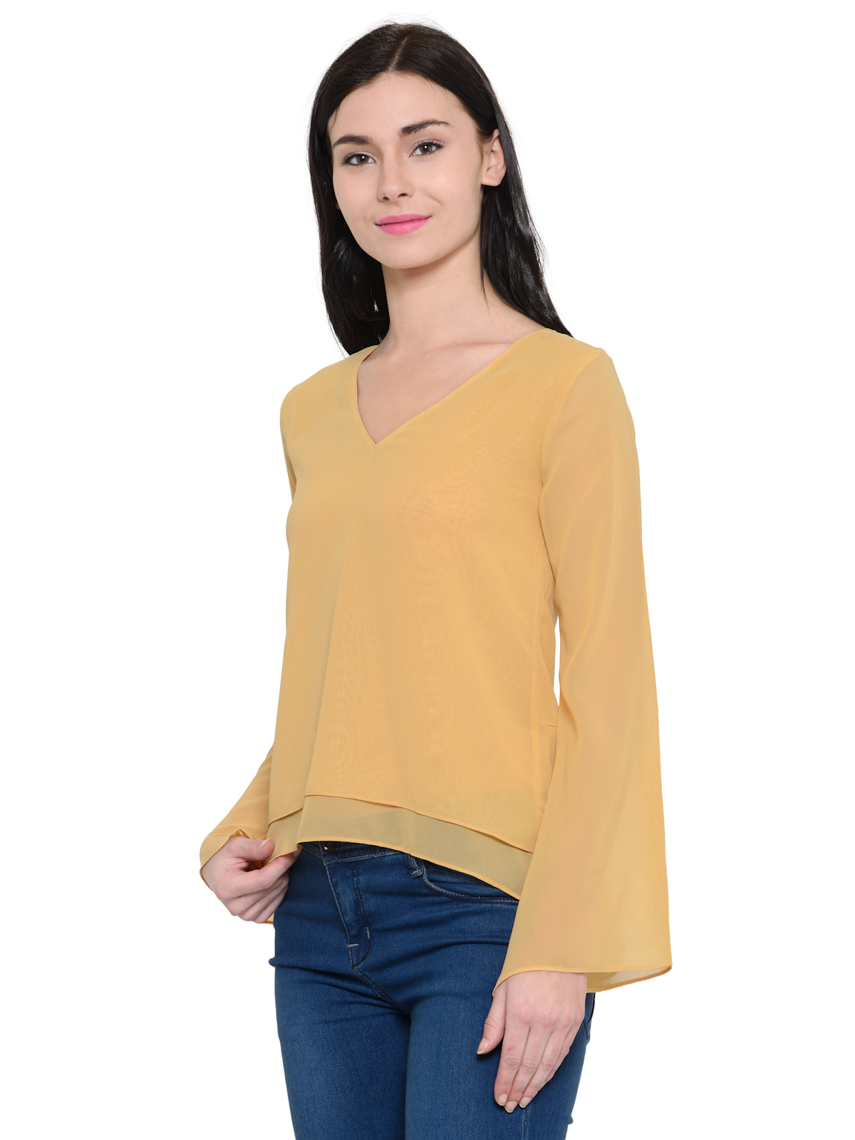 Camel Yellow Bell sleeves Vneck top